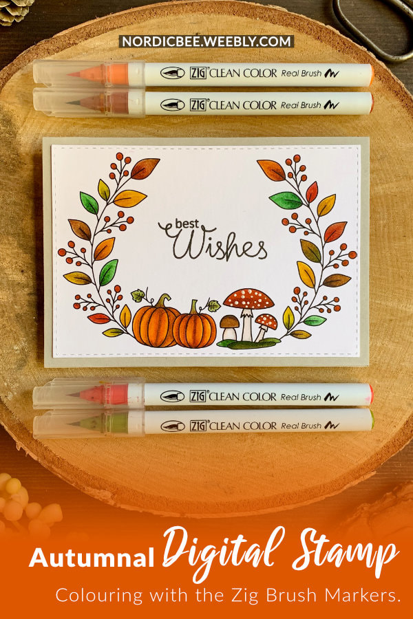 Handmade card with an autumnal wreath with pumpkins, mushrooms, leaves and berries, coloured with the Zig Clean Brush Markers using a digital stamp available for free on my blog.