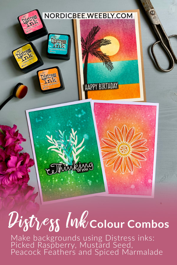 Handmade greeting cards with colourful backgrounds using the  Tim Holtz Distress Mini Ink Pads from the Kit #1. The colour combinations are blue-green with die-cut leaves in the middle. Pink-yellow with a white heat-embossed flower. And a sunset, sea and beach landscape with a palm tree silhouette and Happy Birthday Greeting.