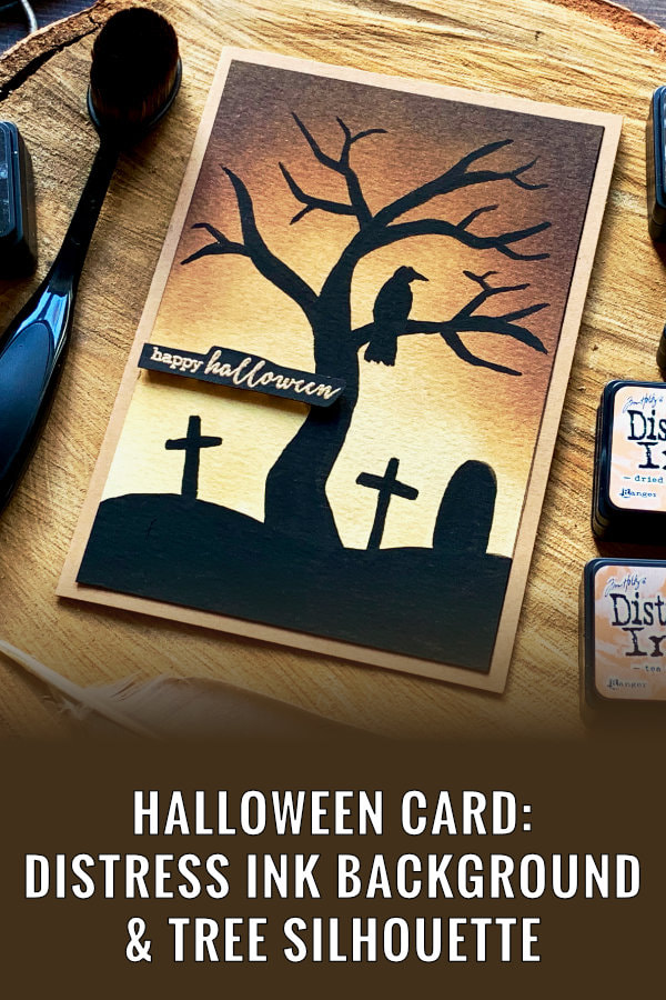 Make a simple DIY Halloween card and create a cool Distress ink background with the inks Black Sooth, Ground Espresso, Rusty Hinge, Tea Die and Dried Marigold. And paint a black silhouette of a  tree, a raven and a grave yard using gouache and create a dark spooky forest scene.
