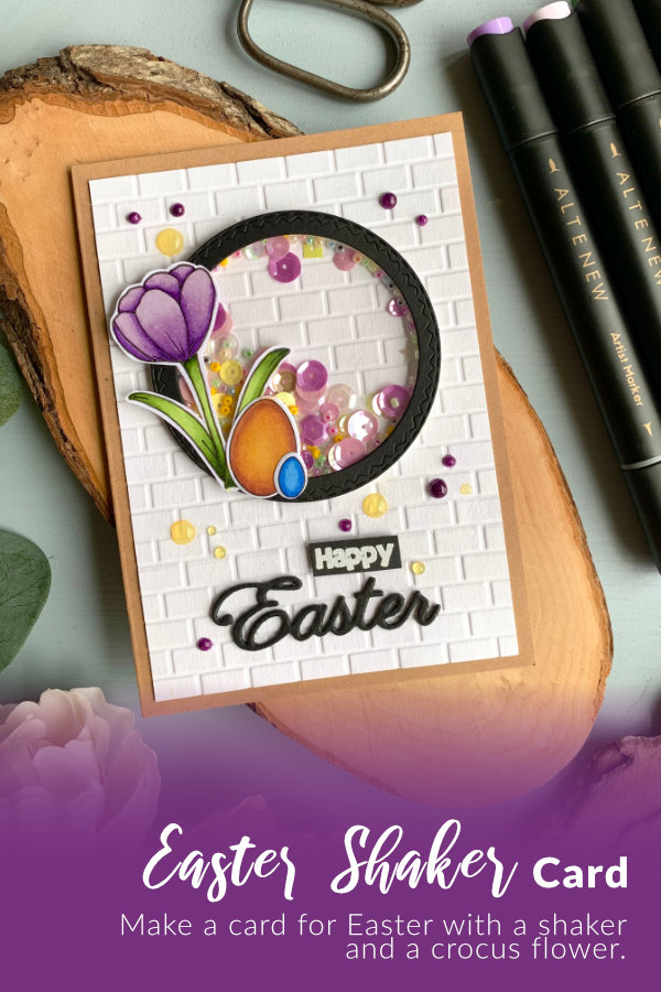 Make a spring shaker Easter card with a crocus flower and egg coloured with the Altenew alcohol markers.