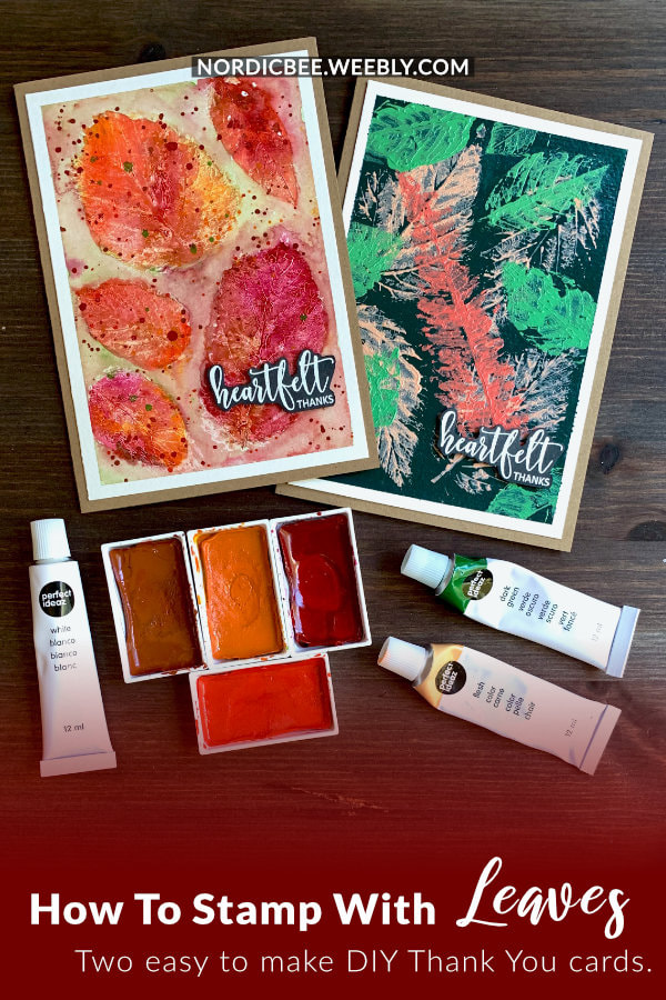 Make a simple autumnal Thank You card with stamped leaves using acrylic paints. 
