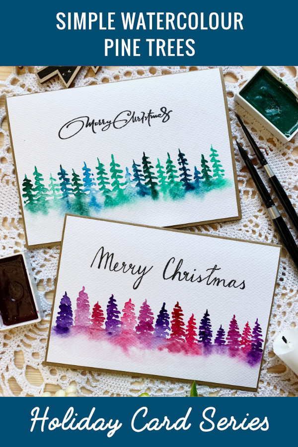 Christmas card with simple loose watercolour pine trees tutorial. Learn how to paint a misty watercolour tree line for beginners. 