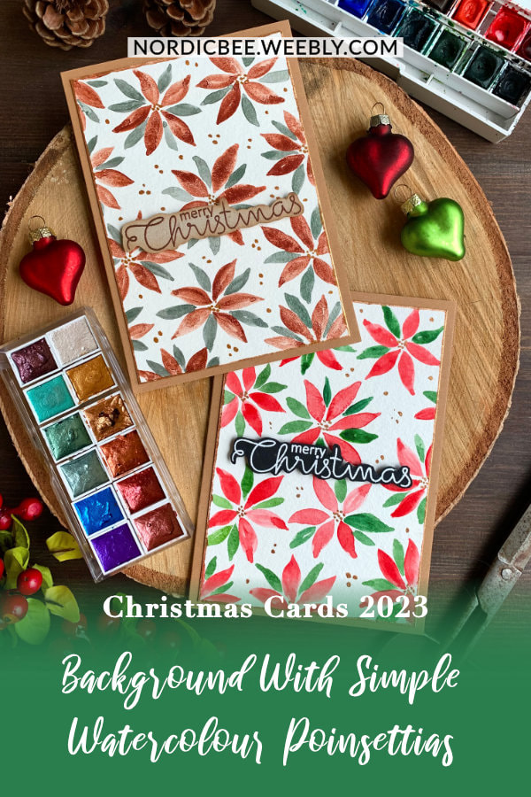 Handmade Christmas card with quick and simple loose watercolour poinsettias, perfect to recreate in bulk. Use metallic watercolours for more sparkle.