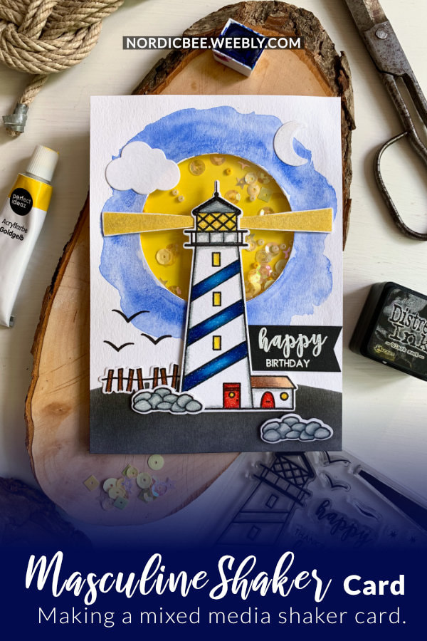 Fun masculine mixed media shaker card with a lighthouse, created using the stamp set Shine Bright by Avery Elle and multiple colouring products, such as colouring pencils, inks, watercolours, acrylic paints and a Distress ink. Perfect card not only for Birthday or Father's Day.