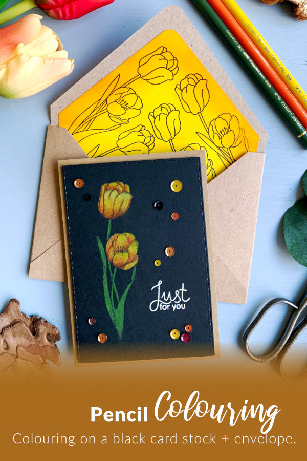 Learn how to do no-line colouring with the Faber-Castell Polychromos pencils on a black card stock and make a simple spring greeting card with a tulip.