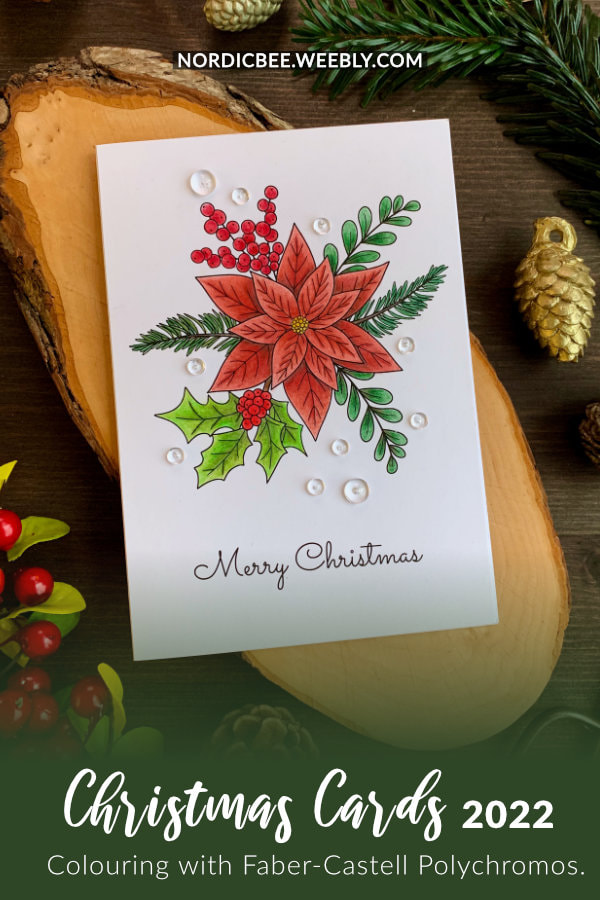 DIY Christmas card with a digital stamp of a poinsettia printed on a Bristol card stock and coloured with the Faber-Castell Polychromos colouring pencils. Get the digital stamp for free over on my blog.