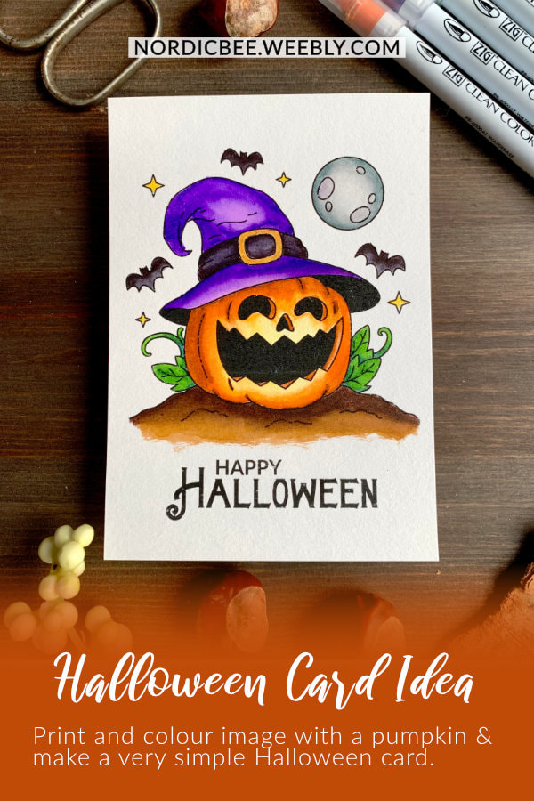 Handmade Halloween greeting card and/or picture for to put into a frame with a pumpkin wearing a hat of a witch, coloured with waterbased markers. 