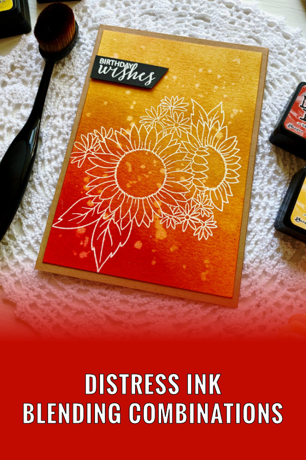 Make  a simple handmade Happy Birthday card by creating a quick Distress ink blending combination using the inks Barn Door, Curved Pumpkin, Wild Honey, Mustard Seed and Squeezed Lemonade and stamping and heat embossing a sunflower with a white embossing powder. 