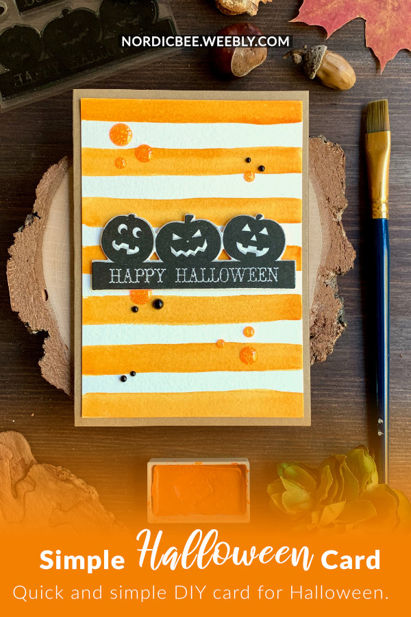 Quick and simple DIY card for Halloween, can be used for party invitations, with orange stripy background painted with watercolours and stamped greeting with pumpkins and the Happy Halloween sentiment.