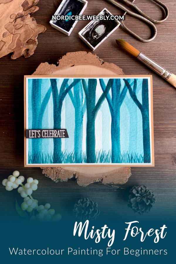 Handmade card with a watercolour misty forest, very simple painting using only one paint, perfect for beginners.