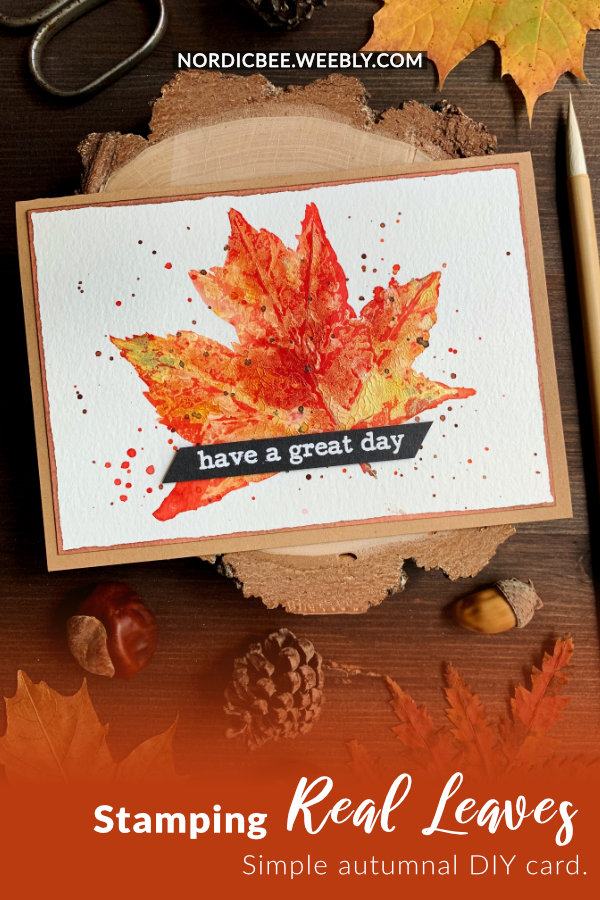 Make a simple autumnal DIY Birthday card by stamping a real maple leaf using a white acrylic paint to create a faux heat embossed look and paint the leaf with the Brusho watercolour powders. 