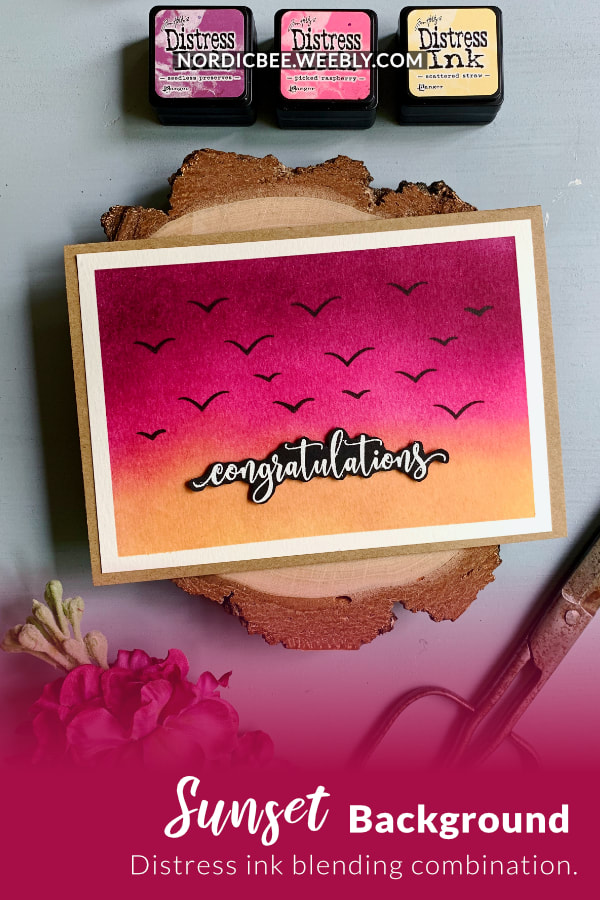 Create a simple handmade card using Distress inks - Seedless Preserves, Picked Raspberry and Scattered Straw - to create a sunset background with stamped silhouettes of birds.