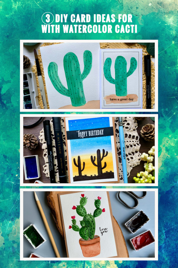 Are you looking for cardmaking ideas for the summer? What about painting a cactus using watercolours! Here you can find three ideas of painting cactus from stand alone cactus to a landscape with cacti silhouettes. 