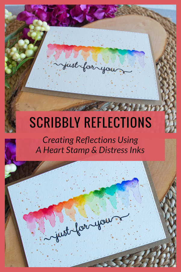 Easy rainbow heart card creating scribbly reflections using a heart stamp and distress inks.