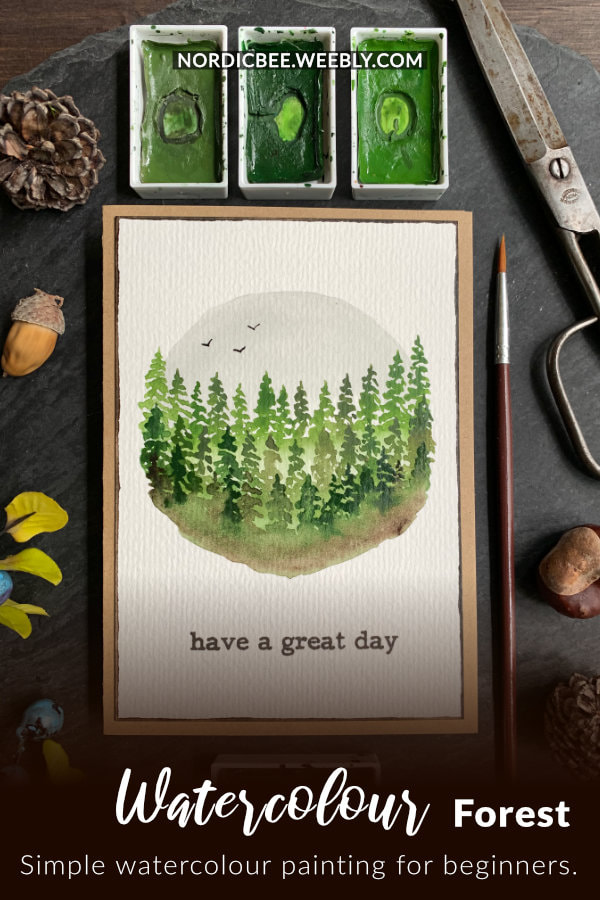 Paint very simple watercolour fir trees and make a quick and easy DIY greeting card perfect for beginners.