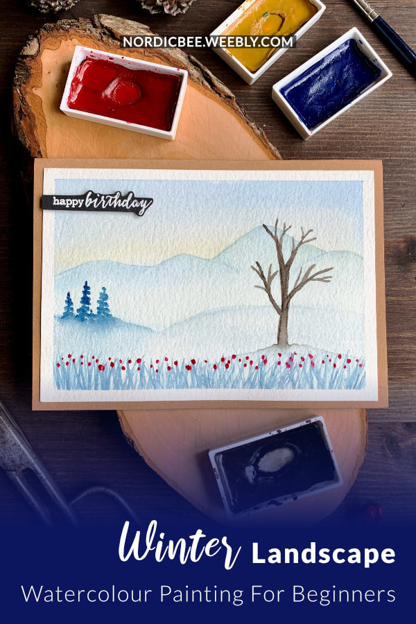 Budget friendly, handmade Happy Birthday card with a watercolour winter landscape, perfect for beginners. 