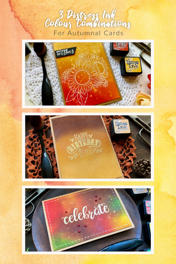 Are you looking for autumnal cardmaking ideas? In this blog post you can find three handmade card ideas using Distress inks. Create beautiful backgrounds with autumnal Distress ink colour combinations.