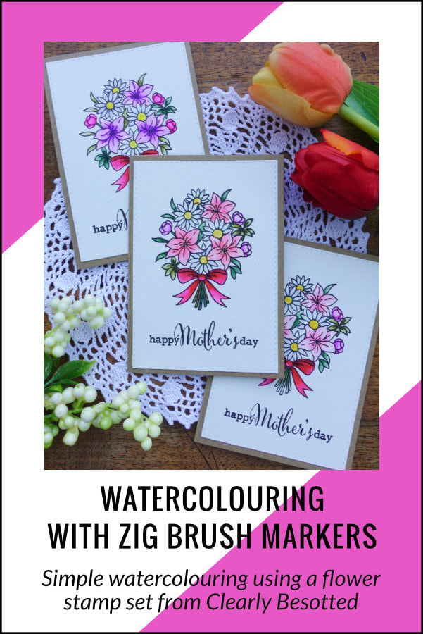 Simple watercolouring a flower bouquet using Zig Brush Markers and the stamp set “Say It With Flowers” by Clearly Besotted. #cardmaking #cardmakingideas #handmadecards #cardtutorials #zigbrushmarkers #clearlybesottedsayitwithflowers #clearlybesottedstamps #mothersday #mothersdaygiftideas 