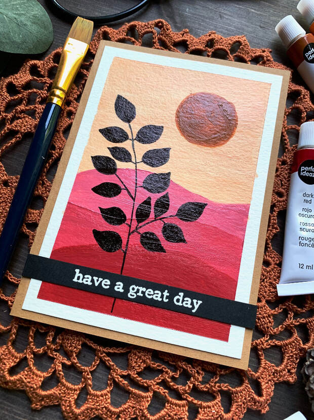 Very simple handmade card with abstract, minimalist, modern art painting with sunset mountains and black leafs, painted with acrylic paints.