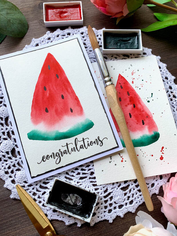 Simple DIY Card with a painted quarter slice of a watermelon using watercolours and sentiment that says Congratulations.