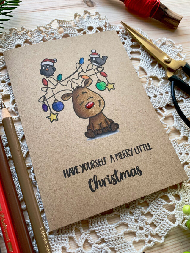 Handmade Christmas card with a cute reindeer, doing a simple pencil colouring on kraft card stock, using the Little Reindeer stamp set by Gerda Steiner and Faber-Castell Polychromos.