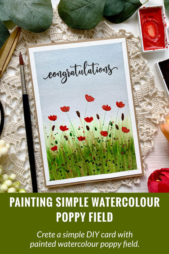 Learn to paint a poppy field using watercolours and create a handmade card. Watercolour poppy field tutorial for beginners. #WatercolourPoppyFieldTutorial #WatercolourFieldWithPoppies #HandmadeDIYCards