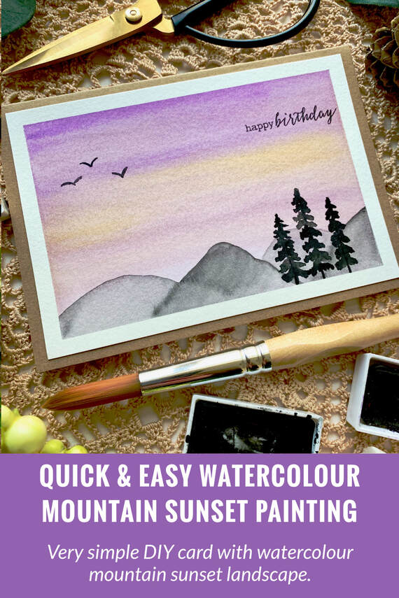Learn how to paint a simple landscape with mountains at sunset using watercolour and make a beautiful handmade card without using any stamps or dies. 
