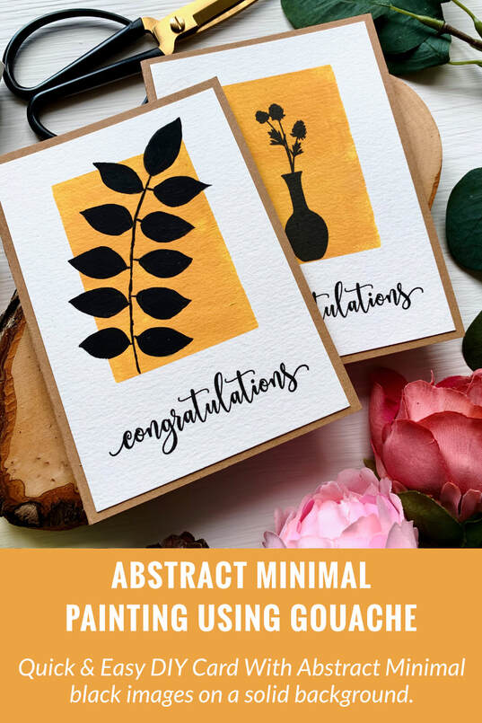 Create a quick and easy DIY card and paint an abstract minimal boho black leafs on solid yellow background using gouache.