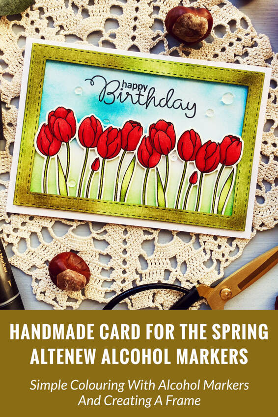 Simple spring cards perfect for Mother's Day or Birthday filled with stamped and die-cut red tulips using the Spring Tulips or Spring Blooms stamp set from Clearly Besotted and coloured with the Altenew alcohol markers, paced into a stitched rectangular die-cut frame.
