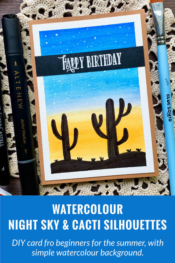 Create a simple handmade card for the summer with a watercolour sunset and cacti silhouettes. Easy project, perfect for beginners.